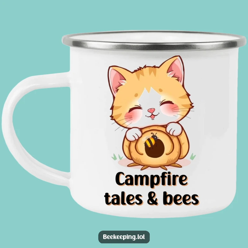 Funny Cat Camping Mug: Giggling at Bees, Adventurous & Humorous