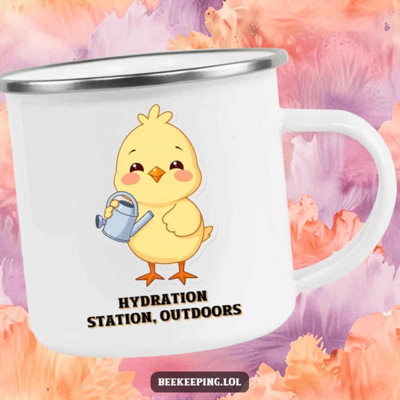 Funny chick holding a tiny watering can, on a rugged camping mug, perfect for outdoor enthusiasts who love cheerful designs.