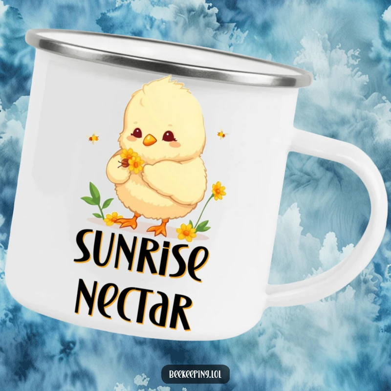 Funny camping mug showcasing a fluffy chick helping to collect nectar. Rugged and humorous drinkware for outdoor enthusiasts.