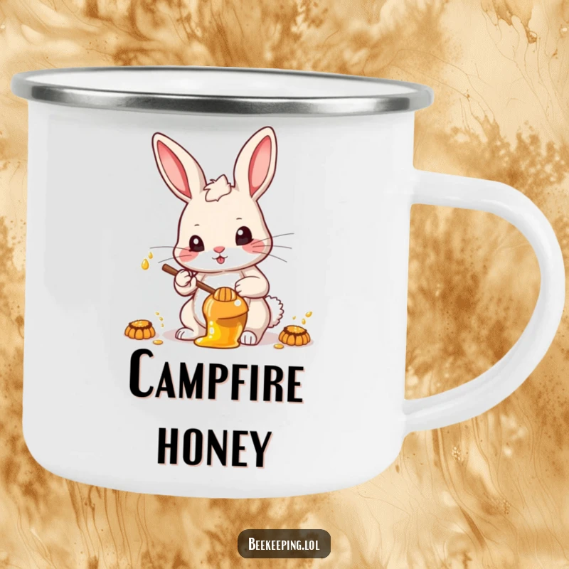 Funny determined rabbit collecting honey, symbolizing grit on a durable camping mug for adventurers.