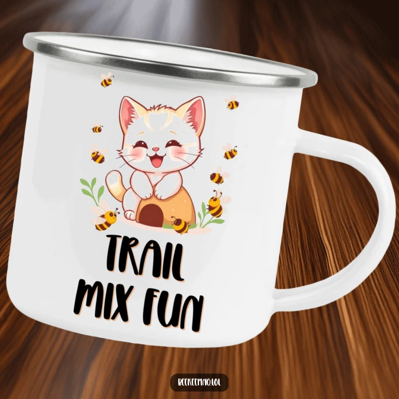 Funny kitten bee camping mug, happy kitten buzzing playfully near a hive, playful and rugged, great funny gift.