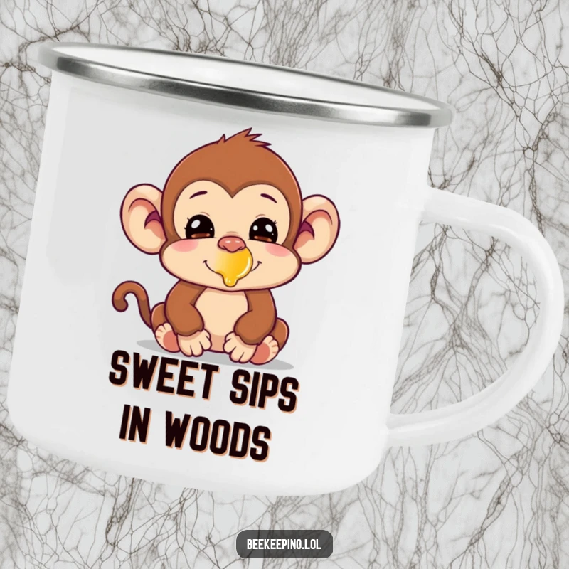 Funny silly monkey with honey on its nose on a sturdy camping mug, for outdoor humor.