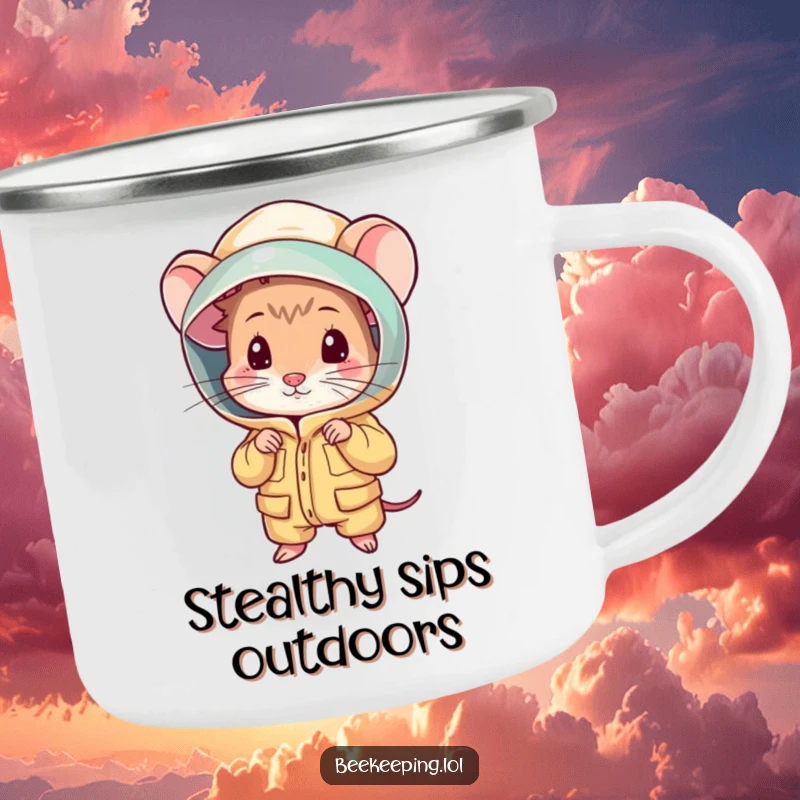 Funny shy mouse peeking from a beekeeping suit on a sturdy camping mug, perfect for outdoor humor.