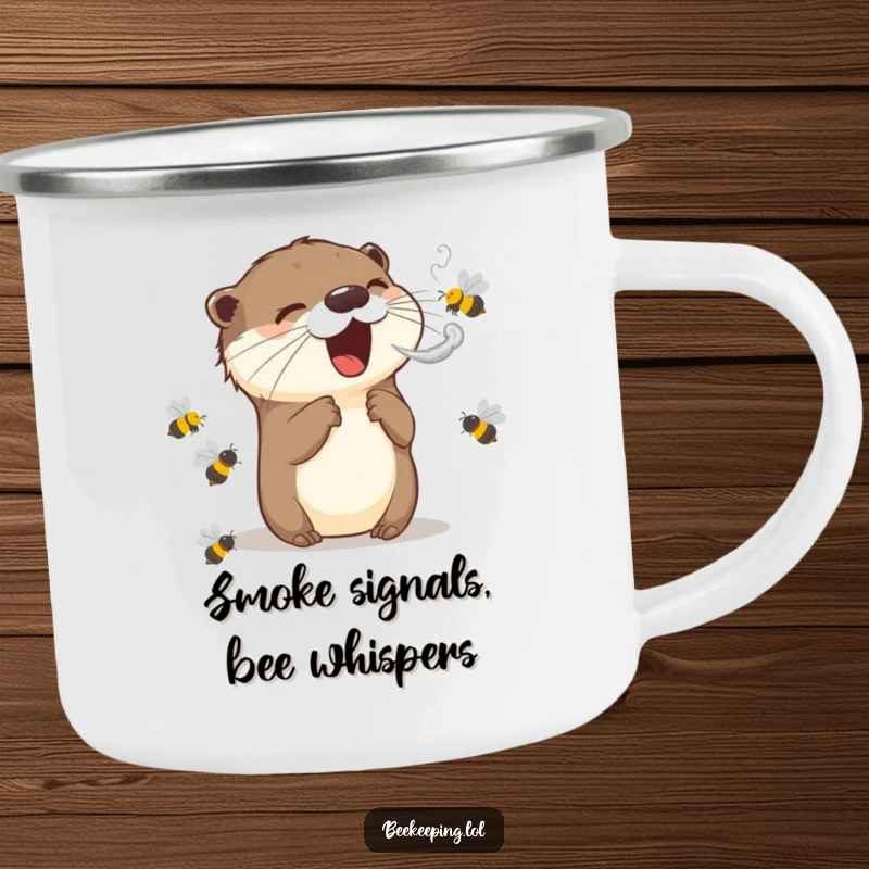 Funny camping mug: an excited otter uses smoke to calm bees, perfect for outdoor enthusiasts who appreciate quirky humor.