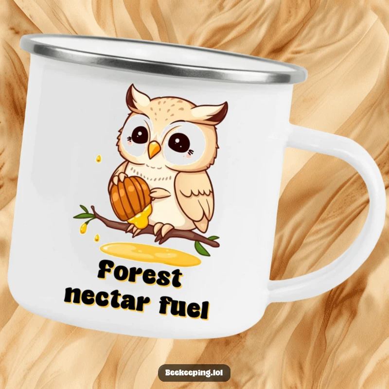 Funny camping mug featuring a proud owl collecting honey from a honeycomb, perfect for outdoor adventures and hot beverages.
