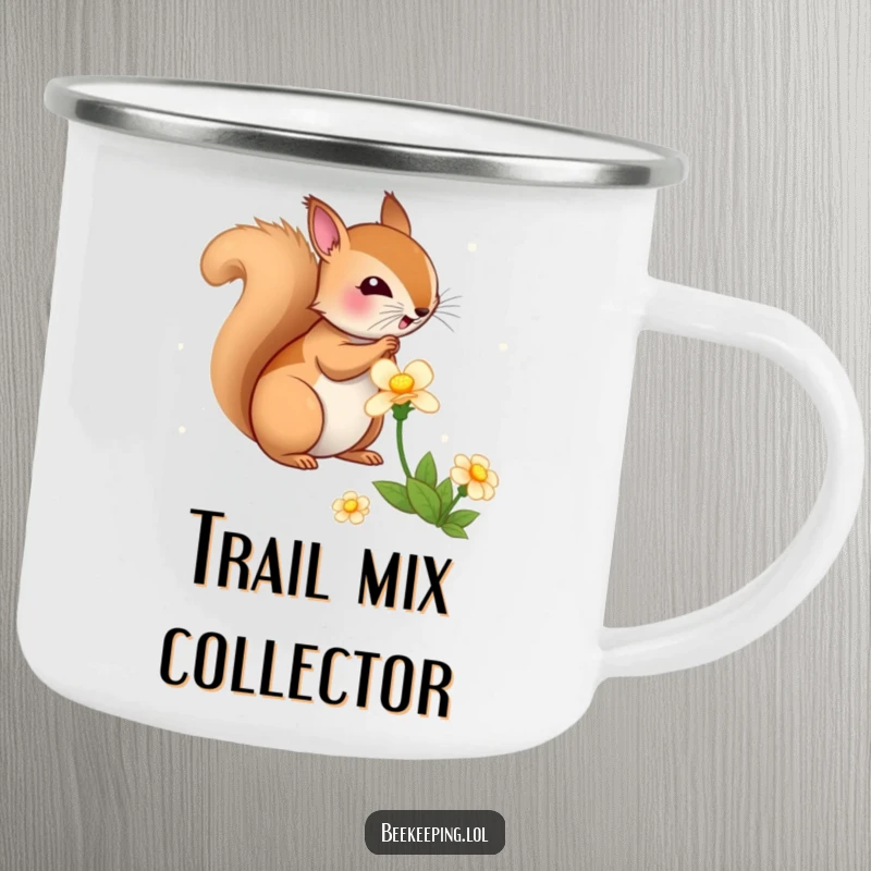 Funny Squirrel Flower Camping Mug, enamel, bouncy squirrel gathering nectar from a flower, humorous outdoor gear.