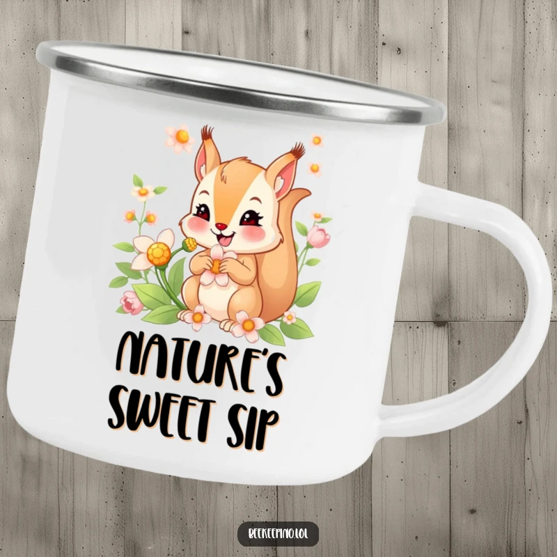 Funny camping mug with a smiling squirrel gathering nectar from a flower, designed for outdoor enthusiasts who appreciate humor.