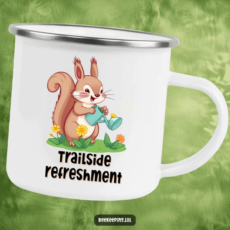 Funny Squirrel Watering Flower Camping Mug: A squirrel waters a flower with a small can, for outdoor enjoyment.