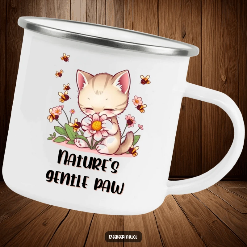 Funny Kitten Flower Camping Mug: A kitten gently pets a flower, bees buzzing, perfect for outdoor sipping.