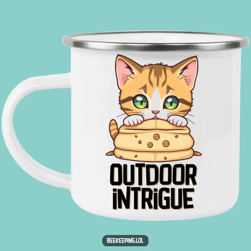 Funny Curious Cat Camping Mug - Explore the Outdoors with Feline Wonder