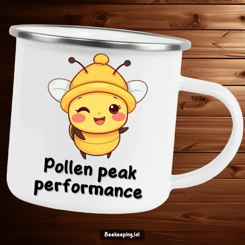 Funny Bee Camping Mug: A rugged mug celebrating a happy bee with a pollen-heavy hat, perfect for outdoor enthusiasts.