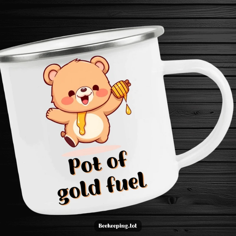 Funny camping mug with a small, fluffy bear bouncing excitedly, holding a dripping honey pot, for outdoor enjoyment.