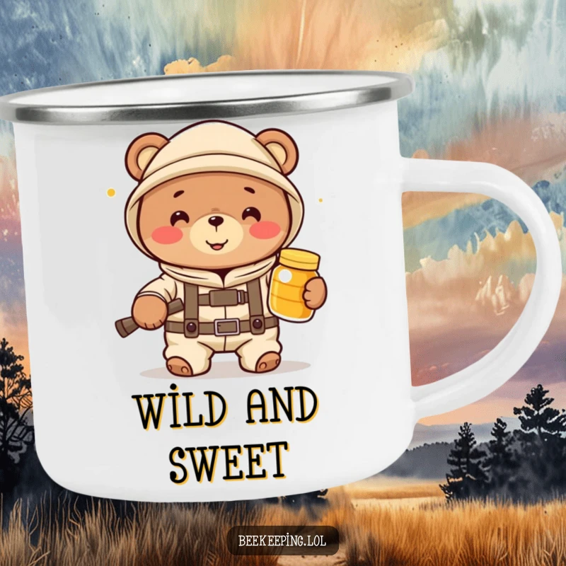 Funny bear beekeeper in a suit with honey, perfect for outdoor adventures on a sturdy camping mug.