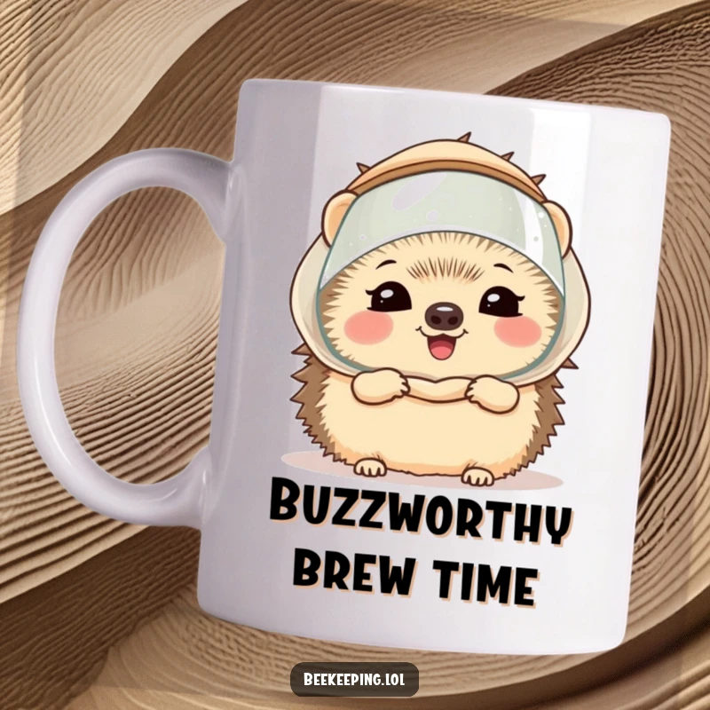 Funny giggling hedgehog wearing a miniature beekeeper veil, peeking out with curiosity on a delightful mug, perfect for bee lovers.