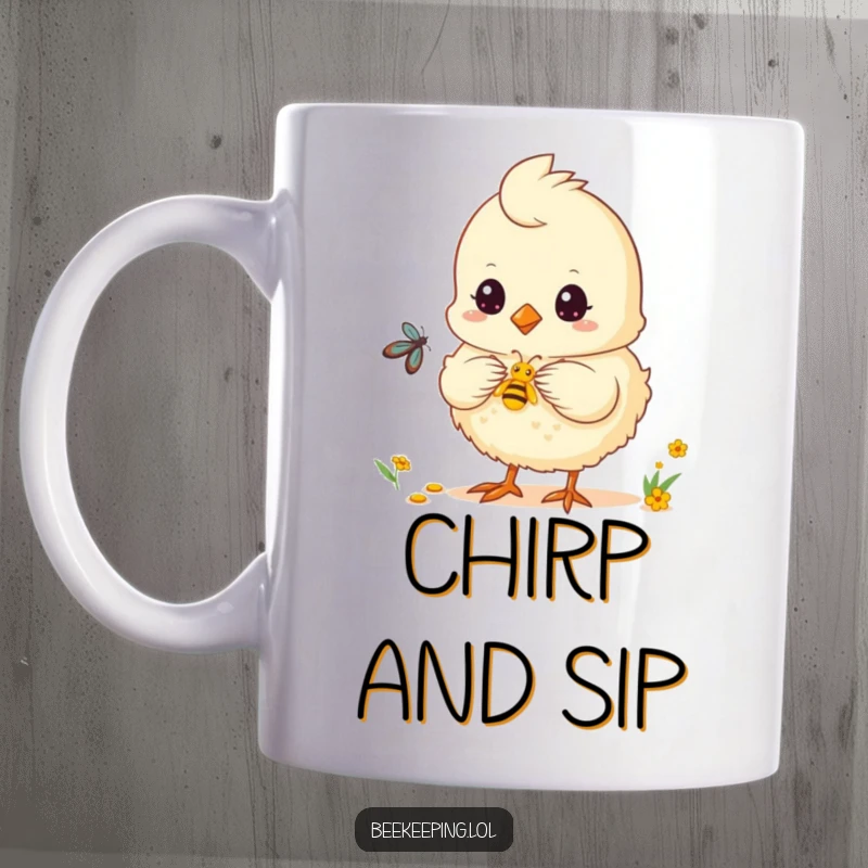 Funny chick mug depicting a fluffy chick helping to collect nectar, a cute and heartwarming scene.