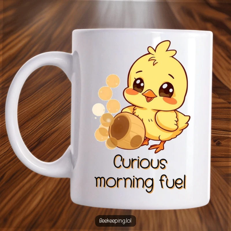 Funny mug featuring a cheerful chick pecking at a honeycomb with wide, curious eyes, expressing playful interest.