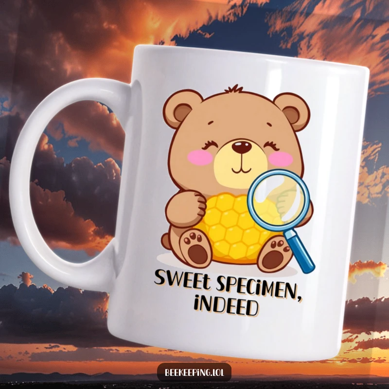 Funny bear with magnifying glass inspecting honeycomb, detailed illustration, perfect for coffee lovers, a whimsical gift.