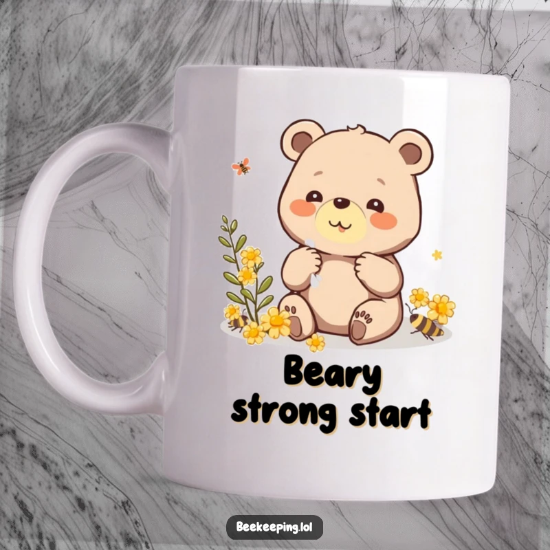 Funny mug featuring a large, beaming bear with a gentle expression, carefully collecting propolis with its paws, showing dedication.