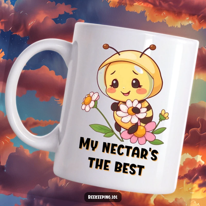 Funny bee wearing a cute beekeeper veil, happily examining a vibrant flower, perfect for coffee or tea lovers.