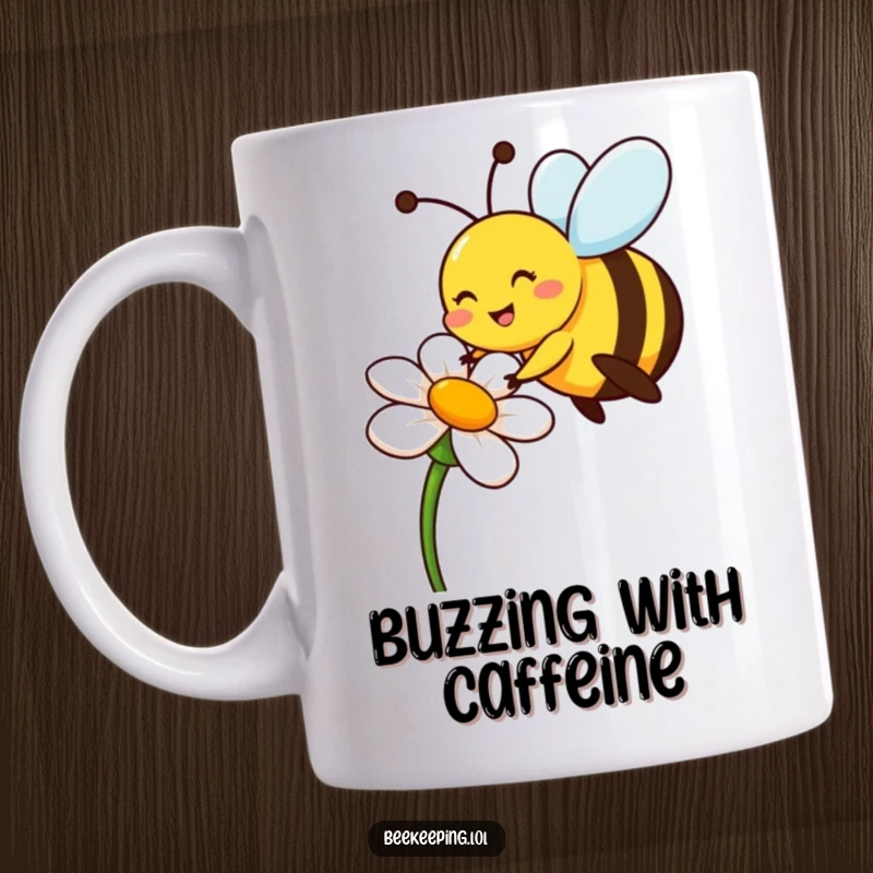 Funny bee mug with a cheerful expression pollinating a flower, wagging tail visible, great funny gift.
