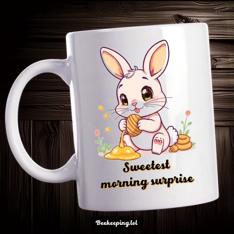 Funny mug featuring a bunny with wide eyes, carefully collecting honey with pure wonder.