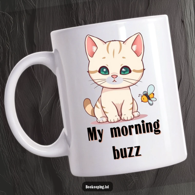 Funny cat mug featuring a curious feline staring intently at a buzzing bee, a humorous and relatable moment.