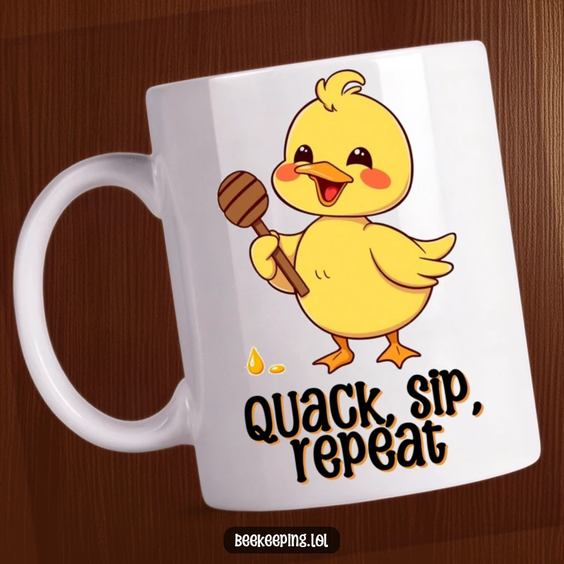 Funny delighted duck holding a honey dipper with pure glee, splashing sweetness on a cheerful mug, perfect for honey enthusiasts.