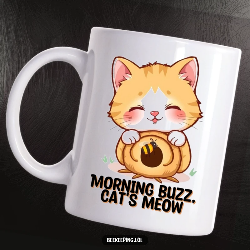 Funny mug: a giggling cat curiously peeks into a miniature beehive, showcasing feline mischief and innocent curiosity.