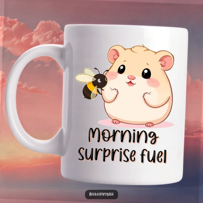 Funny Hamster Mug showing a plump hamster with wide, shocked eyes staring intently at a single, oversized bee, a comical moment of awe.