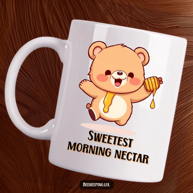 Funny mug with a small, fluffy bear bouncing excitedly, holding a dripping honey pot, radiating pure joy and sweetness.