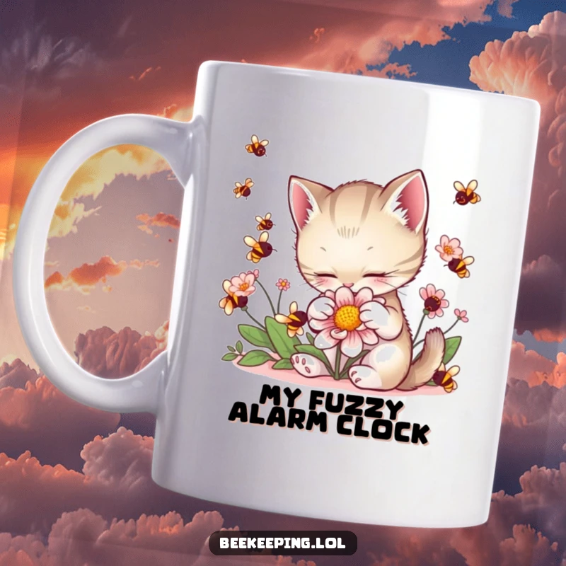 Funny Kitten's Mug: A fluffy kitten gently pets a flower, surrounded by busy bees, bringing joy.