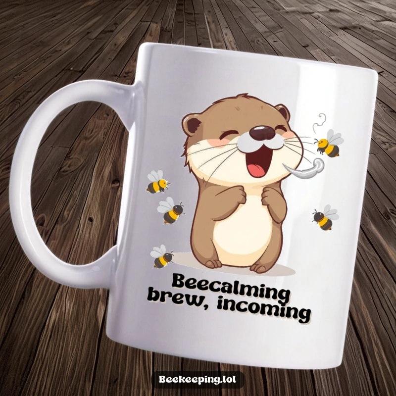 Funny mug showcasing an excited otter creating a smoky puff to gently soothe a swarm of bees, radiating peaceful mischief and charm.