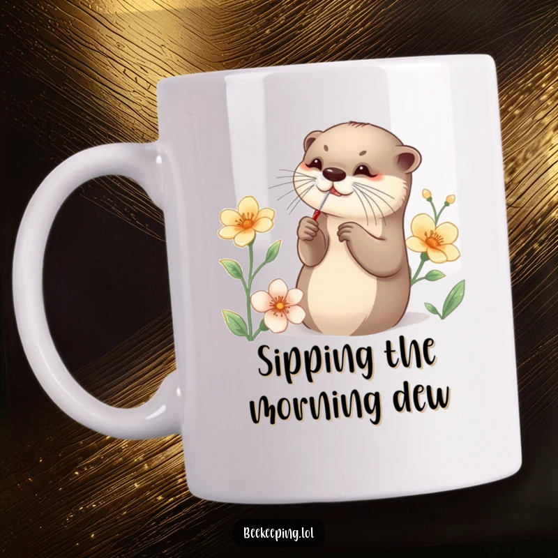 Funny Otter Mug showing a graceful otter carefully collecting nectar from a flower using a tiny, specialized tool, a scene of charming focus.
