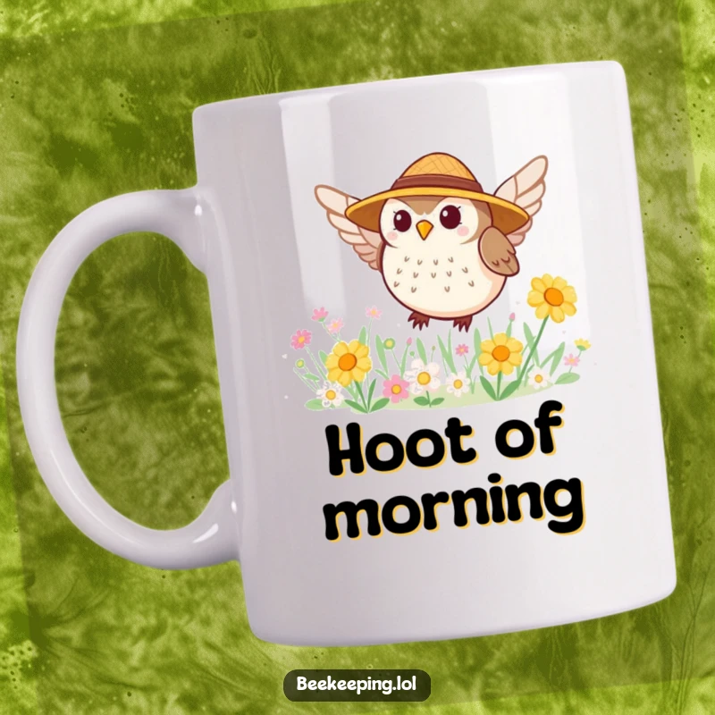 Funny mug with a tiny, round owl in a straw hat actively buzzing around a vibrant flower patch, looking busy.