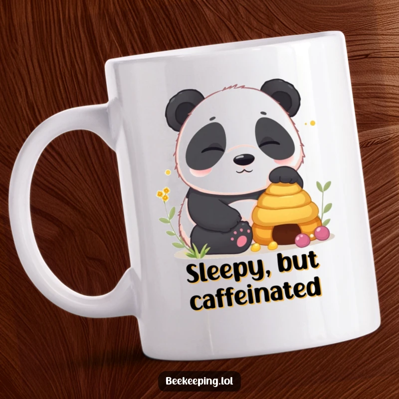 Funny Panda Mug showing a contented, sleepy panda cub resting peacefully next to a gentle beehive, a scene of adorable tranquility.