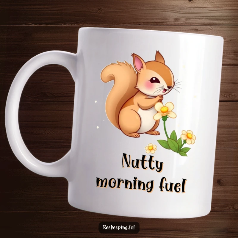 Funny Squirrel Flower Mug, bouncy squirrel energetically gathering nectar from a colorful flower, cute and humorous wildlife art.