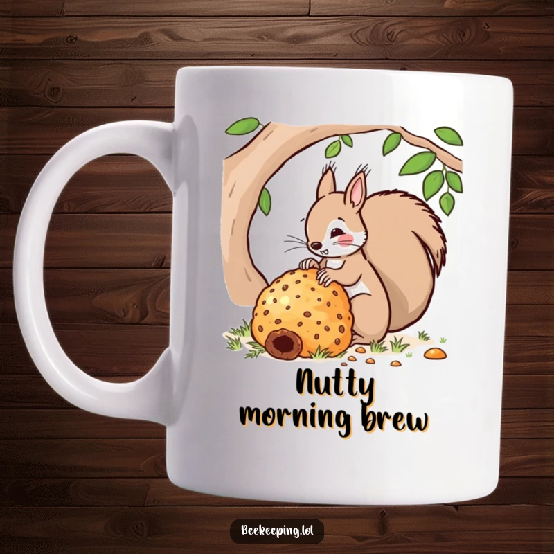 Funny mug showing a determined squirrel tending to an unusually large beehive. A humorous and imaginative scene for gift-givers.
