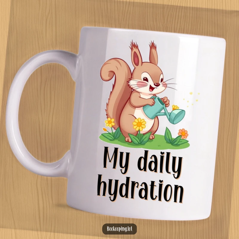 Funny Squirrel Watering Flower Mug: A squirrel happily sprays a flower with a small watering can, a humorous gardening scene.