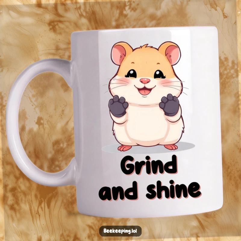 Funny hamster mug with a smiling hamster wearing tiny work gloves, ready for business.