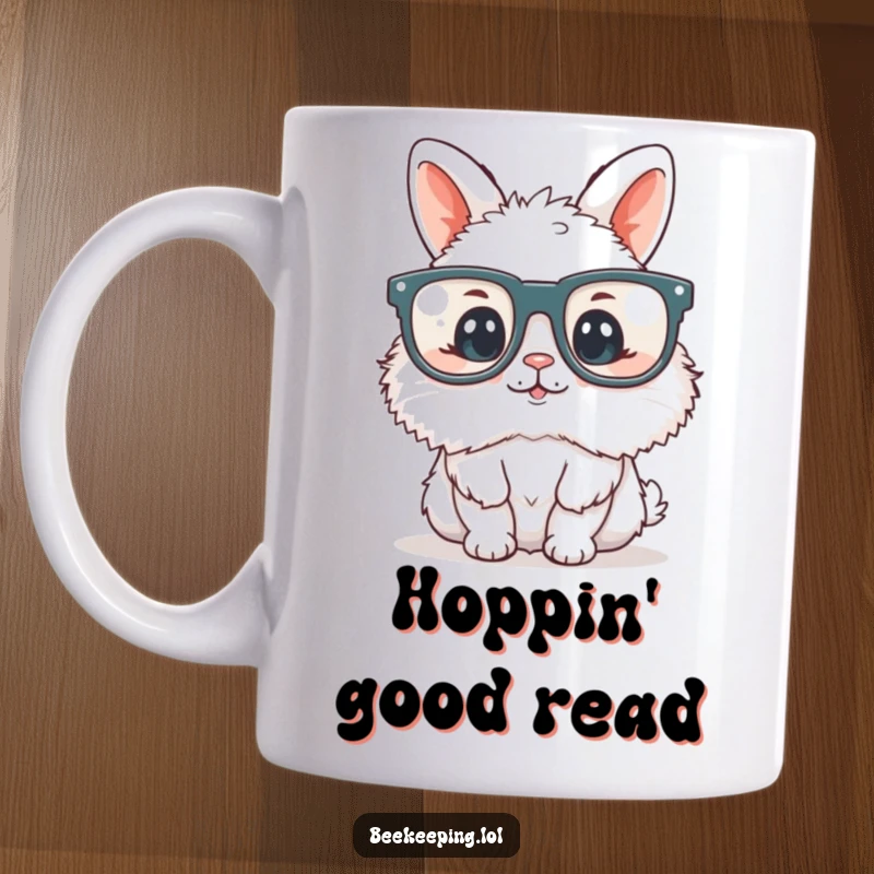 Funny fluffy bunny wearing oversized reading glasses, engrossed in a book, looking studious on a cute and humorous mug.