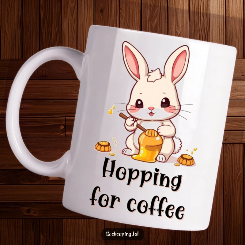 Funny determined rabbit collecting honey with intense focus, celebrating hard work on a coffee mug.