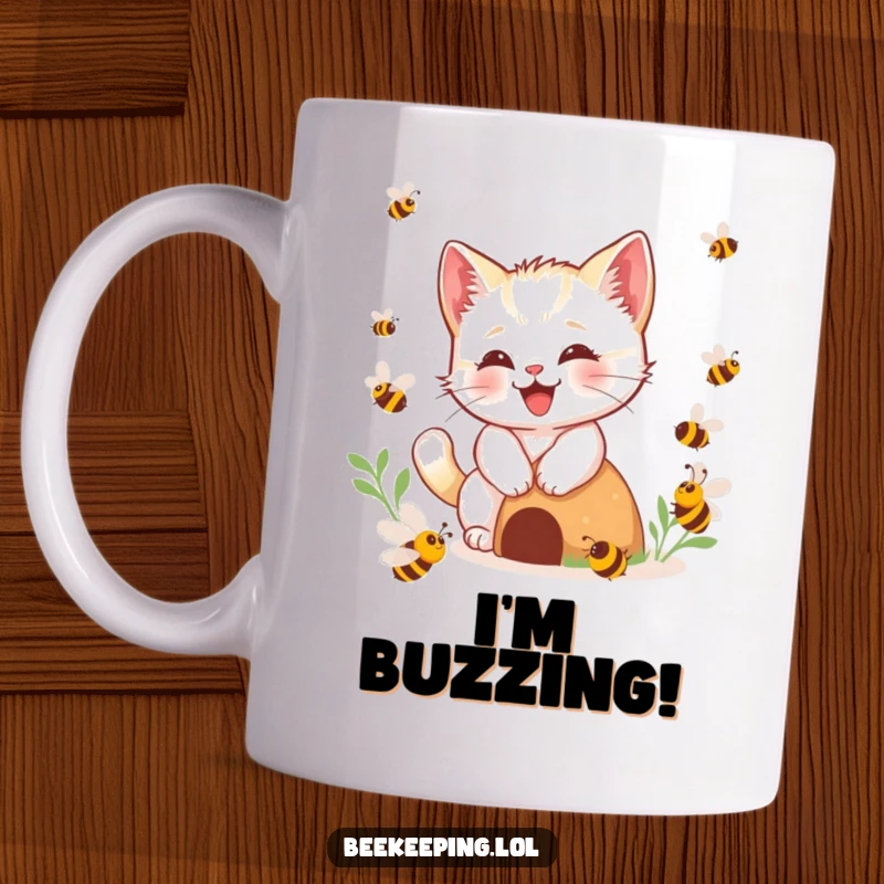 Funny kitten bee mug, happy kitten buzzing playfully near a hive, imaginary bees, adorable and humorous feline design.