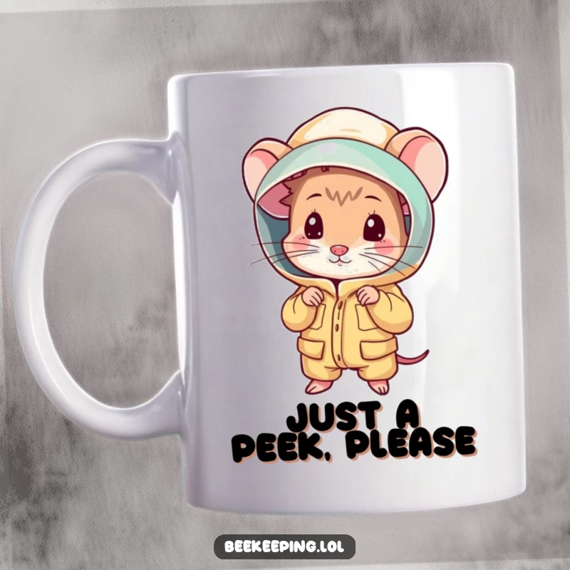 Funny mouse peeking shyly from behind a large, protective beekeeping suit, conveying a humorous, cautious, and adorable moment on this mug.