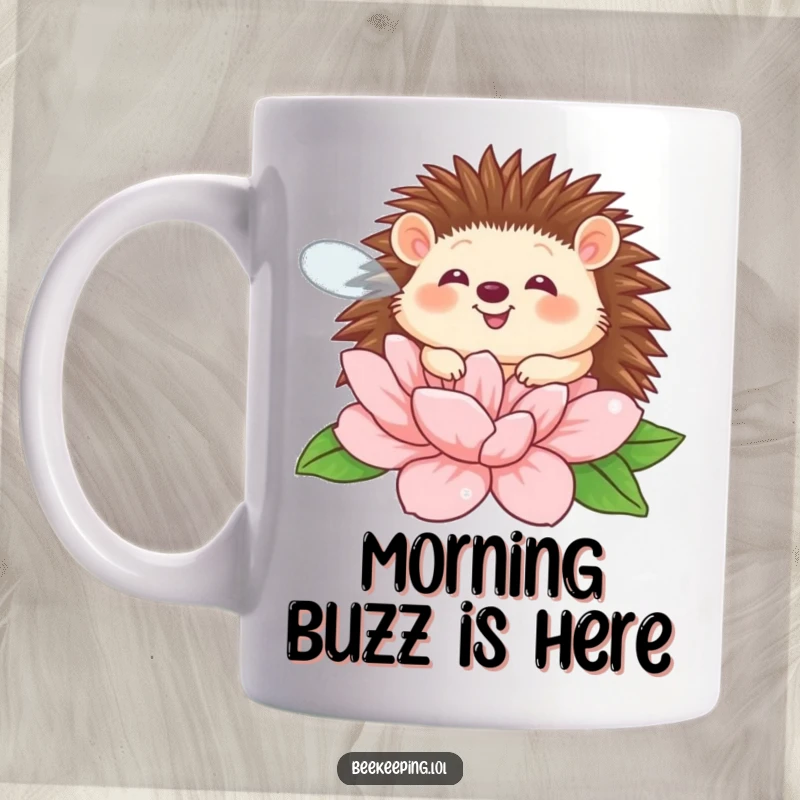Funny giggling hedgehog joyfully buzzing around a large, colorful flower, conveying a humorous and happy garden moment on this mug.