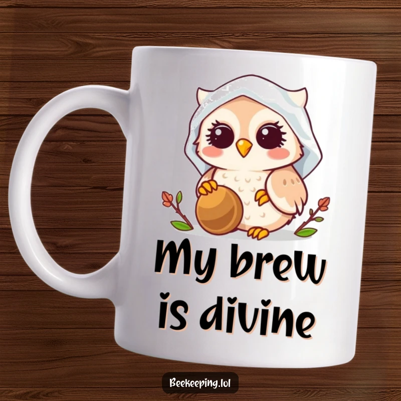 Funny Owl Beekeeper Mug, smiling owl wearing a veil, gently tending to a beehive, cute and humorous gift.