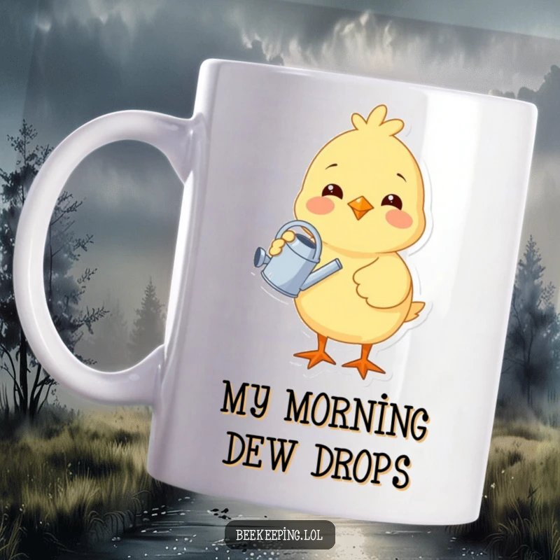 Funny chick holding a tiny watering can, tending to a small plant, radiating happiness and garden cheer on this cute mug.