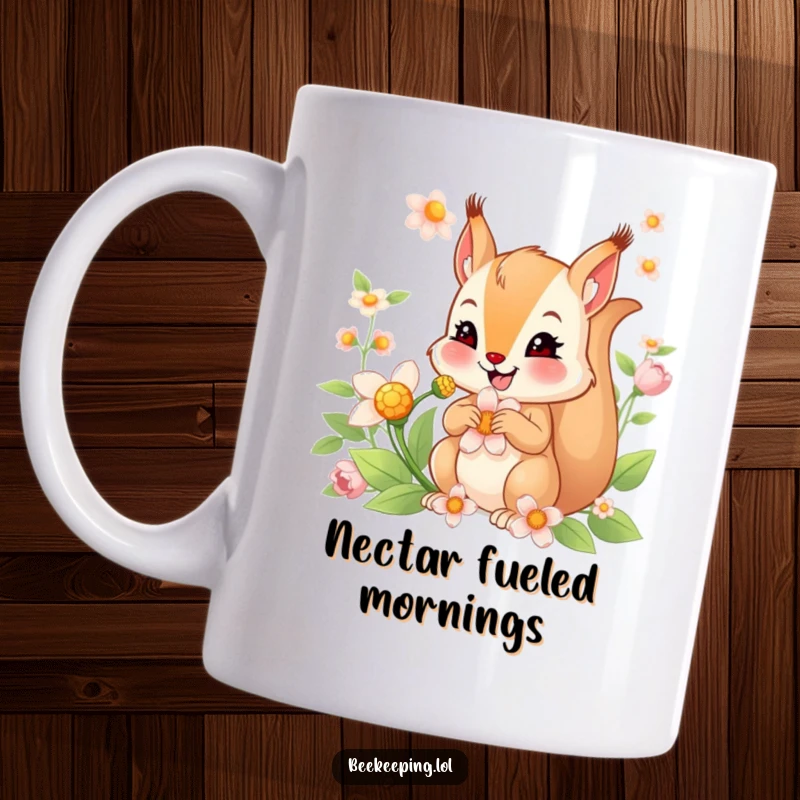 Funny mug depicting a smiling squirrel with a bushy tail, happily collecting nectar from a vibrant flower, full of life.