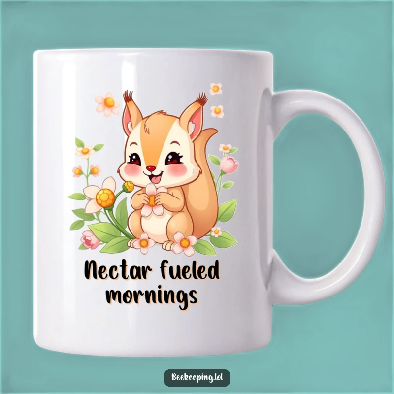 Funny Squirrel Nectar Mug: Smiling Squirrel Collecting Flowers, Perfect Funny Gift