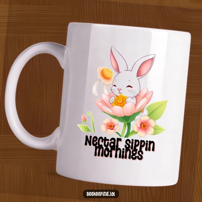 Funny Bunny Mug: A cute, playful bunny with long ears, happily sipping nectar from a giant, colorful flower.