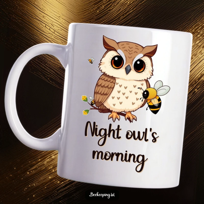 Funny mug depicting a curious owl with wide eyes, perched and observing the diligent activity of busy bees around a hive.